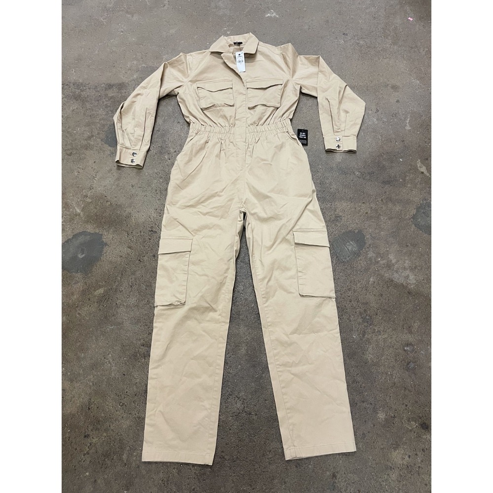Express Jumpsuit Womens 6 Beige Cotton Stretch Cargo Pockets Straight Leg Casual